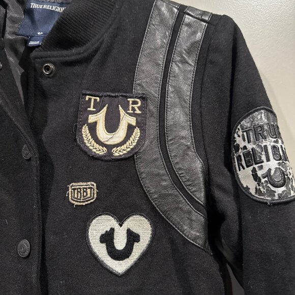 True Religion Jet Black Wool Varsity Jacket  Size S/P - Picture 2 of 7